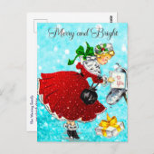 Vintage Weihnachtspost Rotes Glitzer Mädchen Postkarte (Vorne/Hinten)