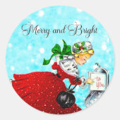 Vintage Weihnachtspost Rotes Glitzer Mädchen Runder Aufkleber (Vorderseite)