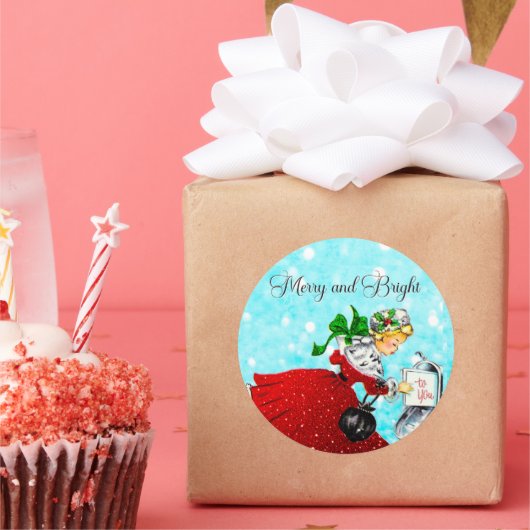 Vintage Weihnachtspost Rotes Glitzer Mädchen Runder Aufkleber (Party)