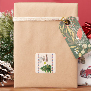 Vintage-Weihnachtspostkartendesign Weihnachtskarte Quadratischer Aufkleber