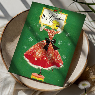 Vintage-Weihnachtsrahmen grün rot glitzernd Mädche Postkarte