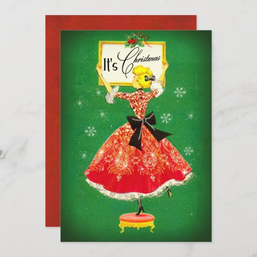 Vintage Weihnachtsrahmen Grün Roter Glitzer Mädche Dankeskarte (Vorne/Hinten)