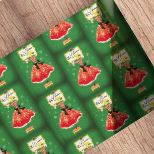 Vintage Weihnachtsrahmen Grün Roter Glitzer Mädche Geschenkpapier