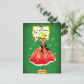 Vintage Weihnachtsrahmen Grün Roter Glitzer Mädche Postkarte (Stehend Vorderseite)