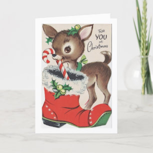Vintage - Weihnachtsreh bringt Candy Cane, Feiertagskarte