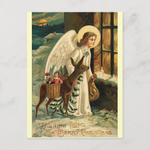 Vintage-Weihnachtsrentier und Engel Postkarte