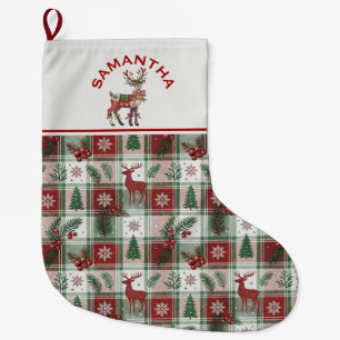 Vintage-Weihnachtsrentier und Karo-Holly-Muster Großer Weihnachtsstrumpf