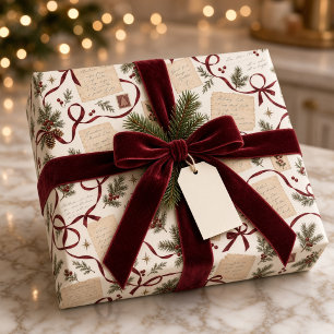 Vintage-Weihnachtsrezept Burgunderband Botanisch Geschenkpapier