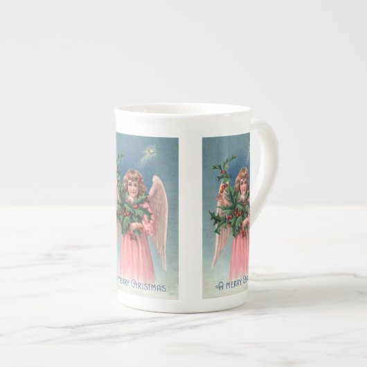 Vintage Weihnachtsrosa Engels-Teeschale Porzellantasse (Vorderseite Rechts)