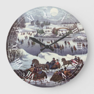 Vintage-Weihnachtsschlitten, Central Park im Winte Große Wanduhr