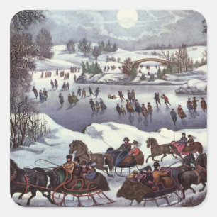 Vintage Weihnachtsschlitten, Central Park im Winte Quadratischer Aufkleber