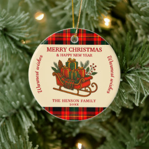 Vintage-Weihnachtsschlitten mit Geschenken und Kar Keramik Ornament