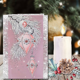 Vintage Weihnachtsschmuck Rosa Verzierungen Silber Karte