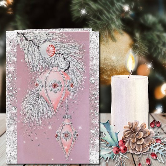 Vintage Weihnachtsschmuck Rosa Verzierungen Silber Karte