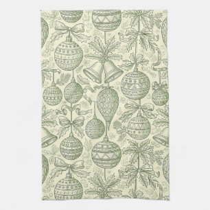 Vintage-Weihnachtsschmuck Toile Salbeigrün Creme Geschirrtuch