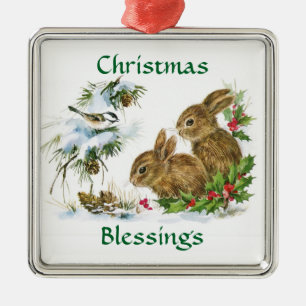 Vintage-Weihnachtssegen-Hasen Silbernes Ornament