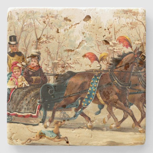 Vintage Weihnachtssleigh-Fahrt Steinuntersetzer (Vorderseite)