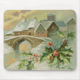 Vintage Weihnachtsstadt mit Stechpalme Mousepad