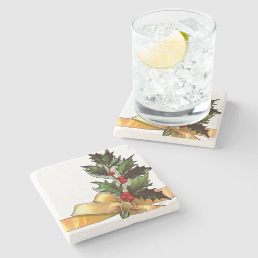 Vintage Weihnachtsstechpalme Steinuntersetzer (Seitenansicht)