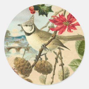 Vintage-Weihnachtssticker mit Vogel und roter Blum Runder Aufkleber