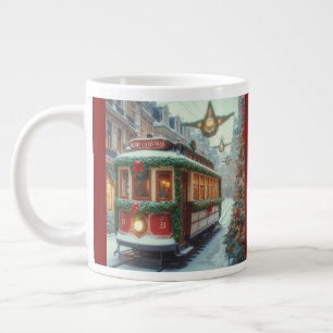 Vintage-Weihnachtsstraßenbahn in einer verschneite Jumbo-Tasse