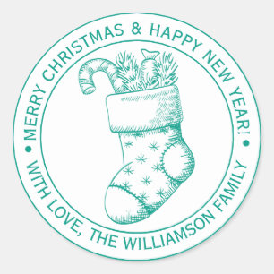 Vintage-Weihnachtsstrumpf Festtagsgrüße Grün Runder Aufkleber