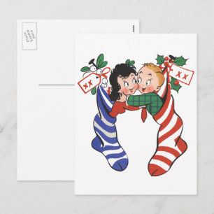 Vintage-Weihnachtsstrümpfe mit süßen Kindern Feiertagspostkarte