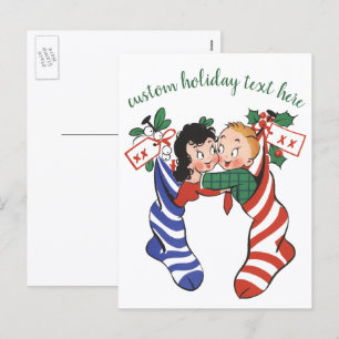 Vintage-Weihnachtsstrümpfe mit süßen Kindern Feiertagspostkarte