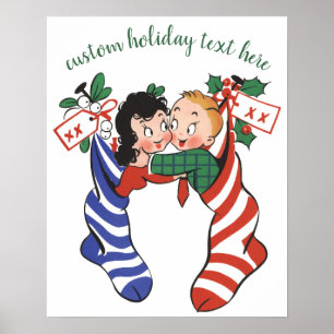 Vintage-Weihnachtsstrümpfe mit süßen Kindern Poster