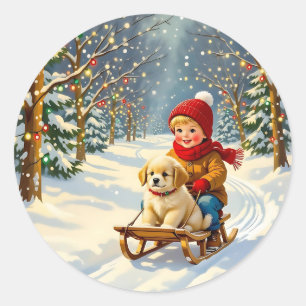 Vintage Weihnachtsszene, Junge auf Schlitten mit W Runder Aufkleber