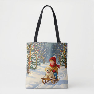 Vintage Weihnachtsszene, Junge auf Schlitten mit W Tasche
