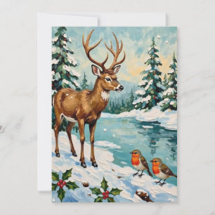 Vintage Weihnachtsszene mit Hirschen und Rotkehlch Feiertagskarte