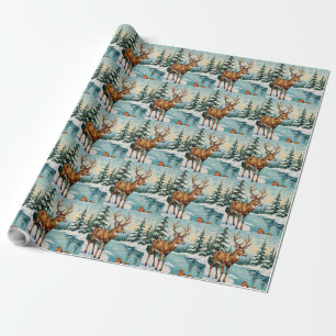 Vintage Weihnachtsszene mit Hirschen und Rotkehlch Geschenkpapier