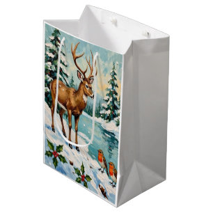 Vintage Weihnachtsszene mit Hirschen und Rotkehlch Mittlere Geschenktüte