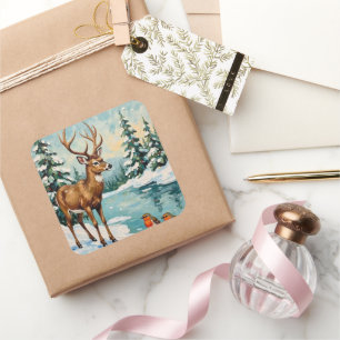 Vintage Weihnachtsszene mit Hirschen und Rotkehlch Quadratischer Aufkleber