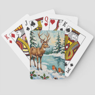Vintage Weihnachtsszene mit Hirschen und Rotkehlch Spielkarten