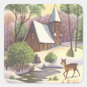 Vintage Weihnachtsszene, Schneeige Landschaft mit Quadratischer Aufkleber