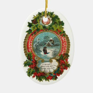 Vintage Weihnachtsszenen-Oval-Verzierung Keramik Ornament