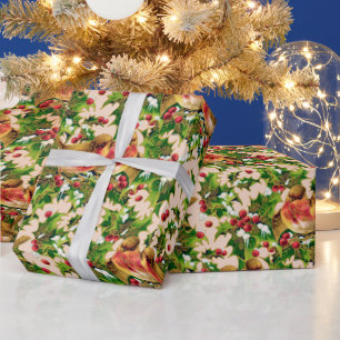 Vintage-Weihnachtsvögel-Stechpalme-Faux-Gold-Muste Geschenkpapier