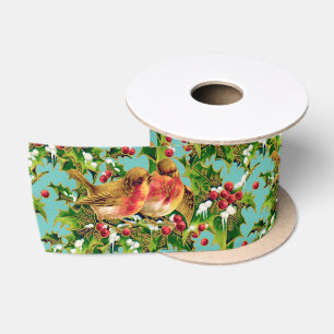 Vintage-Weihnachtsvögel Stechpalme Faux-Gold-Muste Satinband