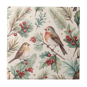 Vintage Weihnachtsvögel - Stechpalme und Rotkehlch Fliese