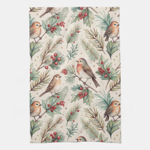 Vintage-Weihnachtsvögel - Stechpalme und Rotkehlch Geschirrtuch