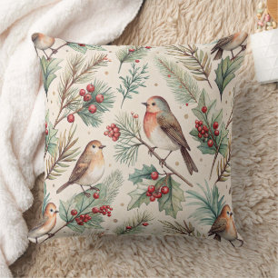 Vintage-Weihnachtsvögel - Stechpalme und Rotkehlch Kissen