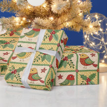 Vintage-Weihnachtsvogel-Stechpalmen-Beeren-Cottage
