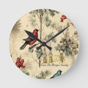 Vintage-Weihnachtsvögel Stechpalmenbeere Runde Wanduhr