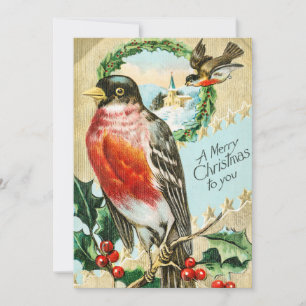 Vintage-Weihnachtsvögel und Stechpalmen-Winter-Sch Feiertagskarte