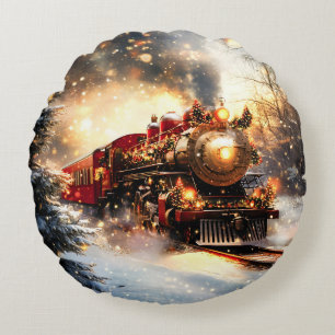 Vintage Weihnachtszug-Express in schneereicher Nac Rundes Kissen