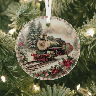 Vintage-Weihnachtszug im schneebedeckten Wald Ornament Aus Glas