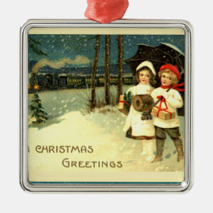 Vintage Weihnachtszugfahrt im Schnee Ornament Aus Metall