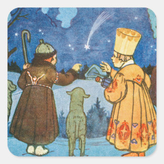 Vintage Weisen und Schafe an Weihnachten Quadratischer Aufkleber